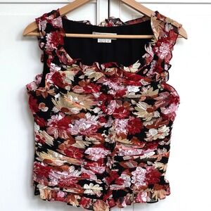 Kay Unger New York Floral Ruched Ruffle Sleeveless Blouse Black Red Size 8